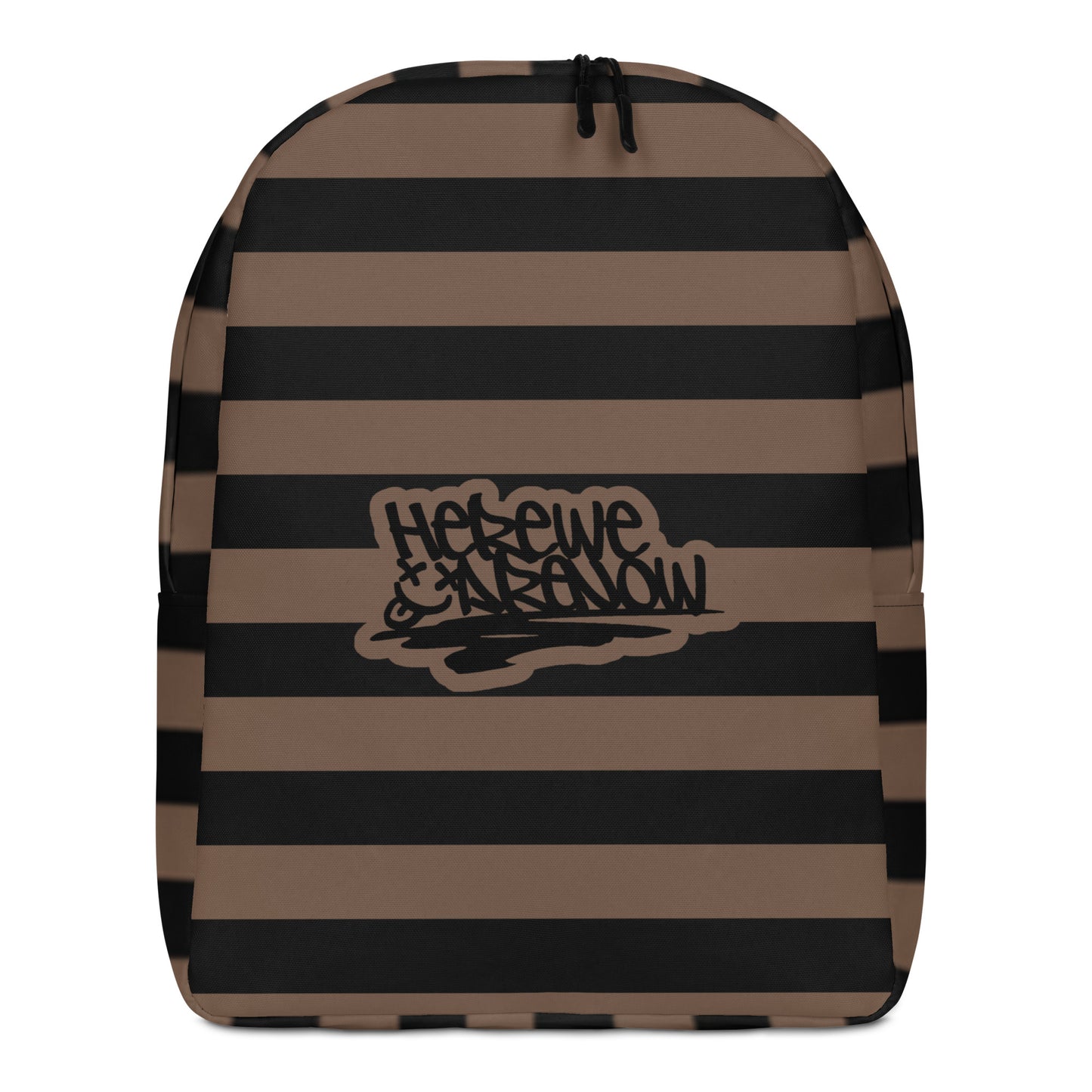 Backpack with grunge style dark wide stripes and text "here we are now"