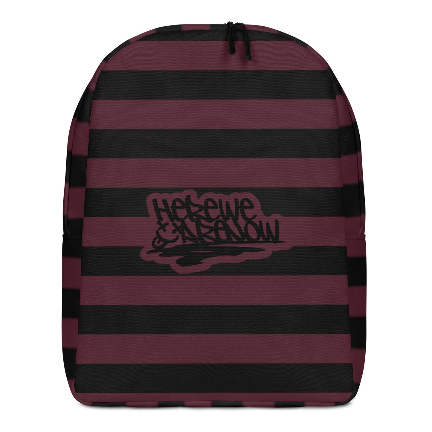 Backpack with grunge style dark wide stripes and text "here we are now"