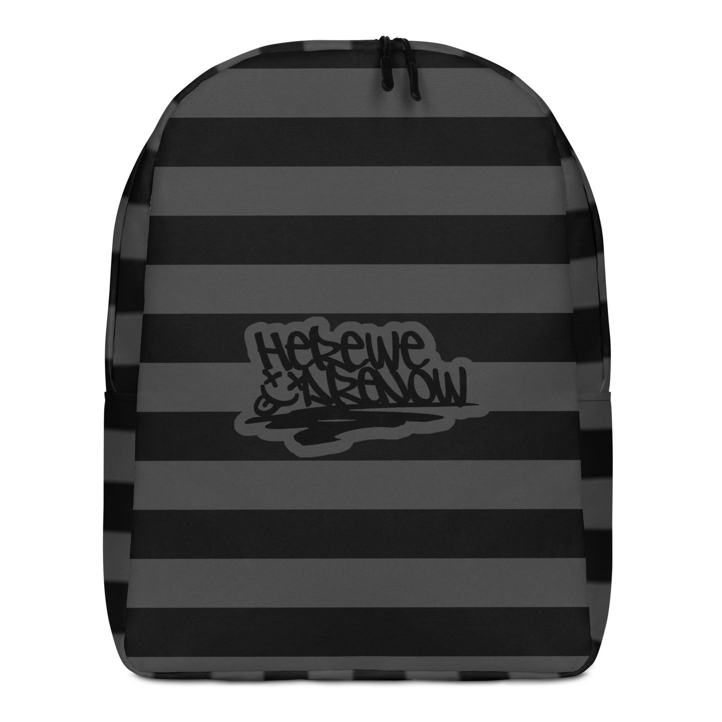 Backpack with grunge style dark wide stripes and text "here we are now"