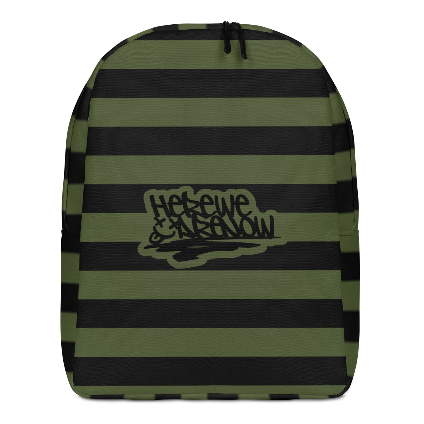 Backpack with grunge style dark wide stripes and text "here we are now"