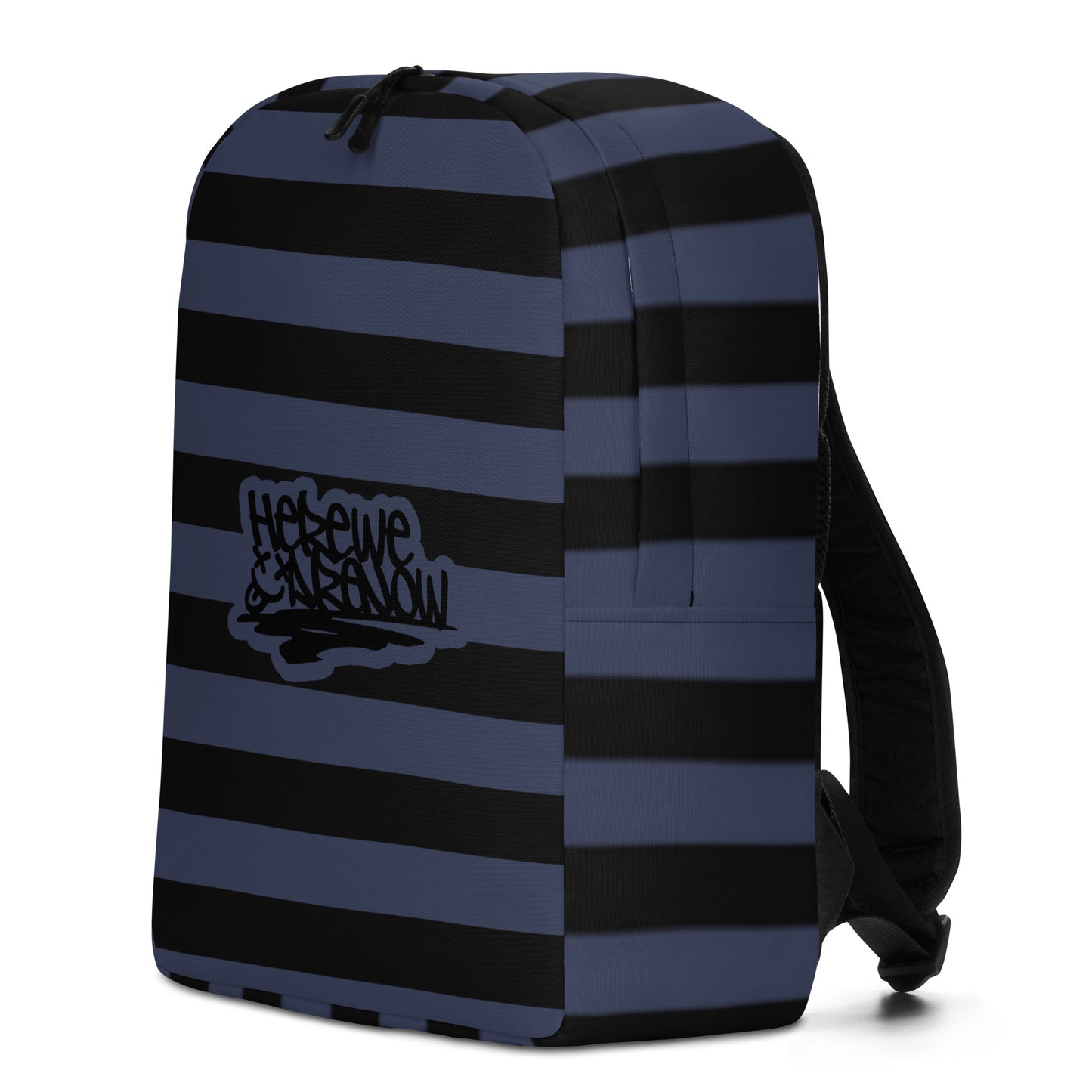 Backpack with grunge style dark wide stripes and text "here we are now"