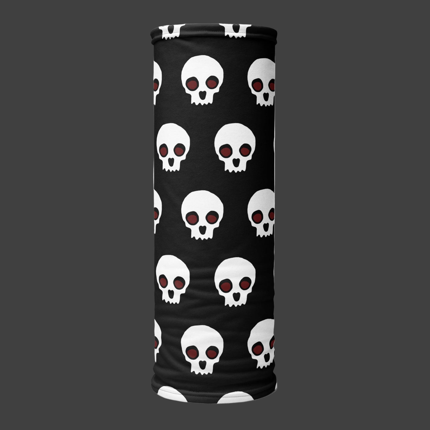 a black neck gaiter with skulls