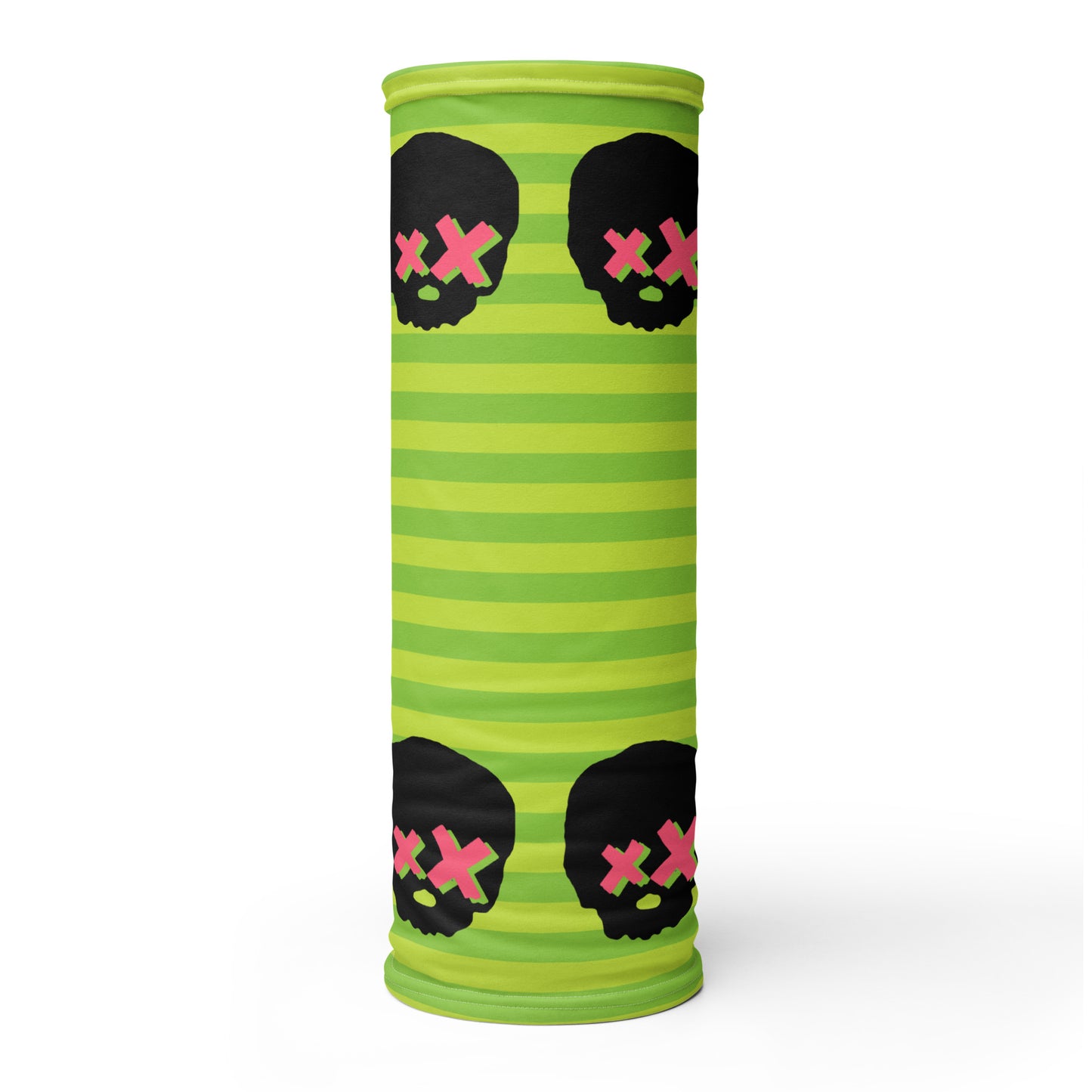 green striped neck gaiter with pink x-eyed skulls