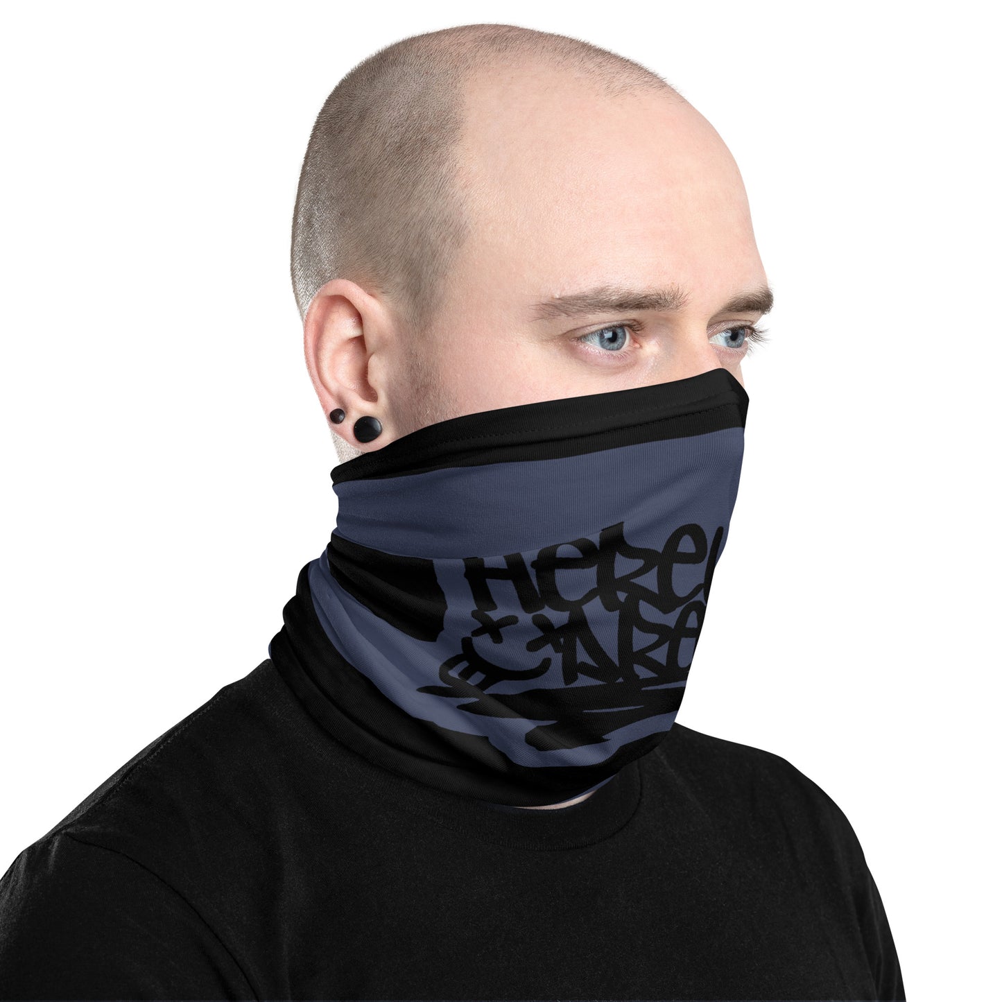 a neck gaiter with wide grunge style stripes and text "here we are noW"