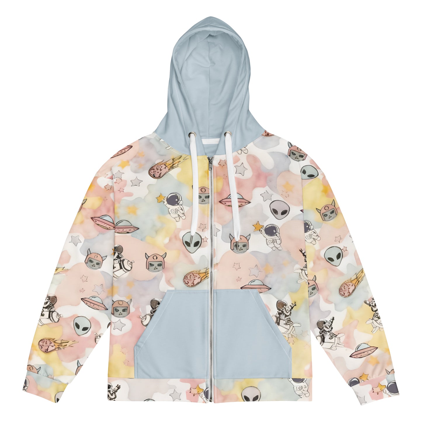 an emo and scene zip hoodie with ice cream like pastel colors and space theme