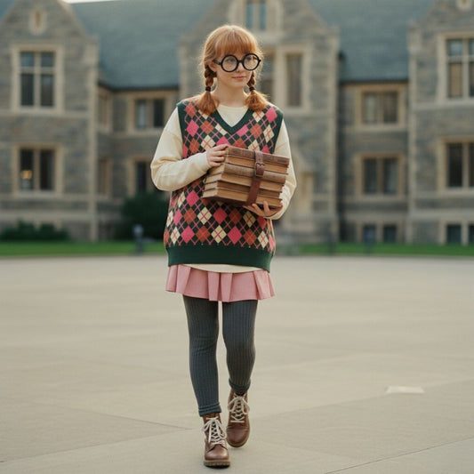 nerdy looking girl with oversized argyle knitted vest in pink, rust & green colors, styled with skirt and comfy shoes