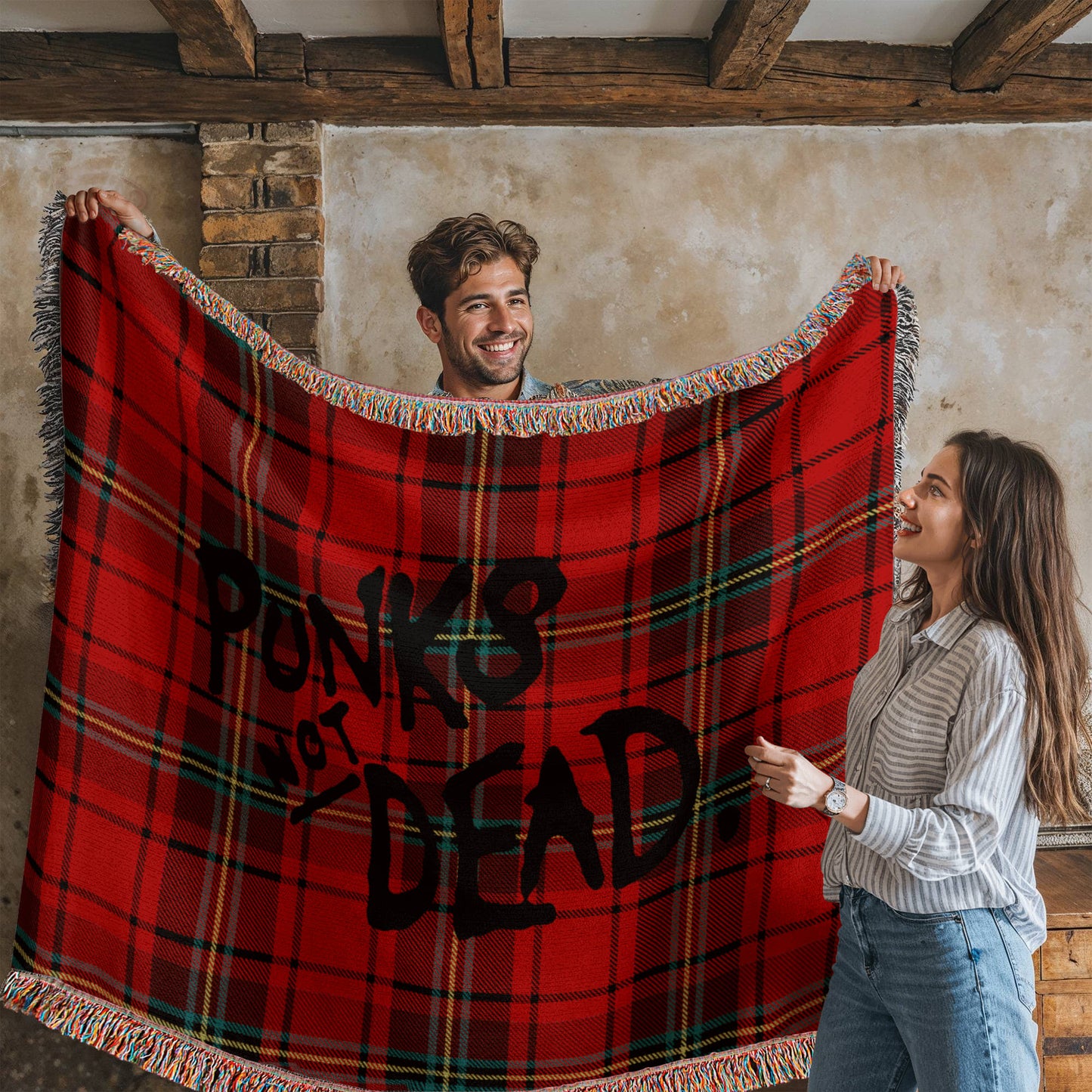 Red plaid woven blanket blanket with text 'Punks Not Dead'