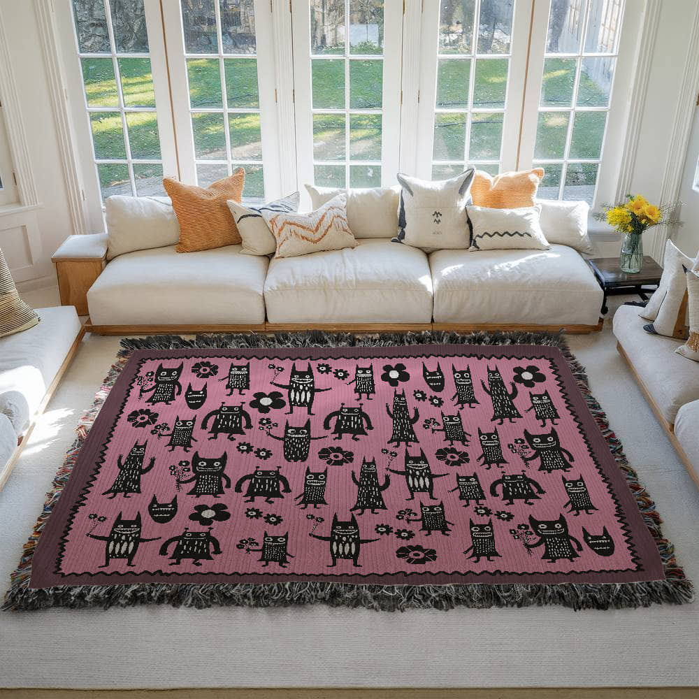 a pink woven blanket featuring grinning goon-goblins and flowers on a living room floor