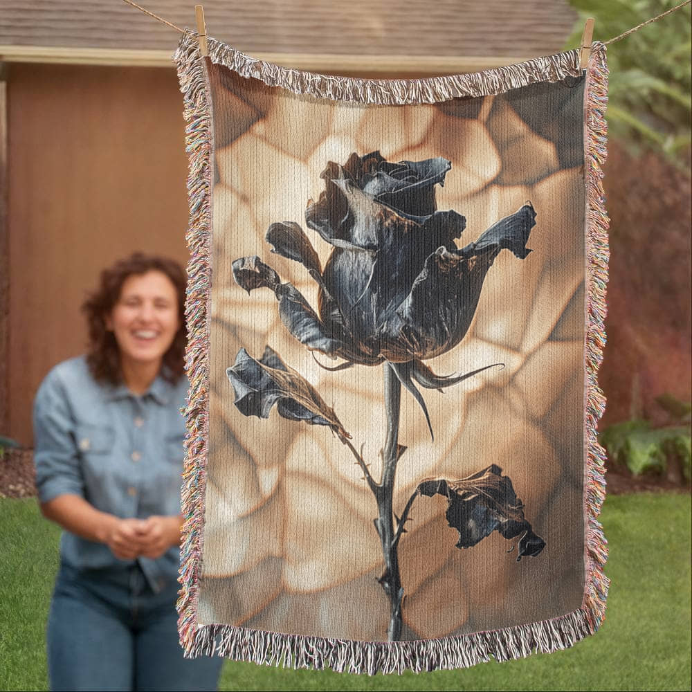 a woven blanket with a black wilted rose and shattered beige background