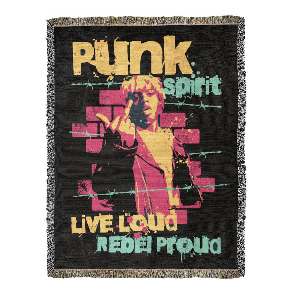 a woven blanket with text "punk spirit, live loud, rebel proud" and an rebellious image, in black, pink and yellow