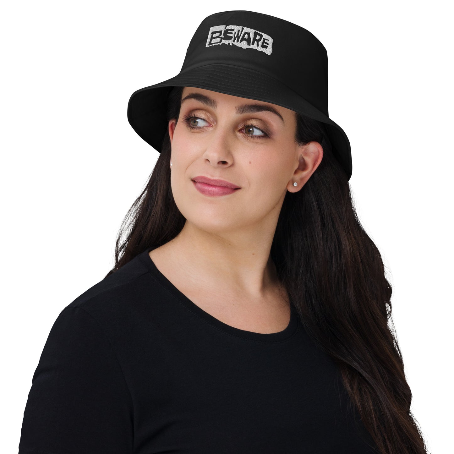 woman wearing an old school black bucket hat with embroidered text "beware"