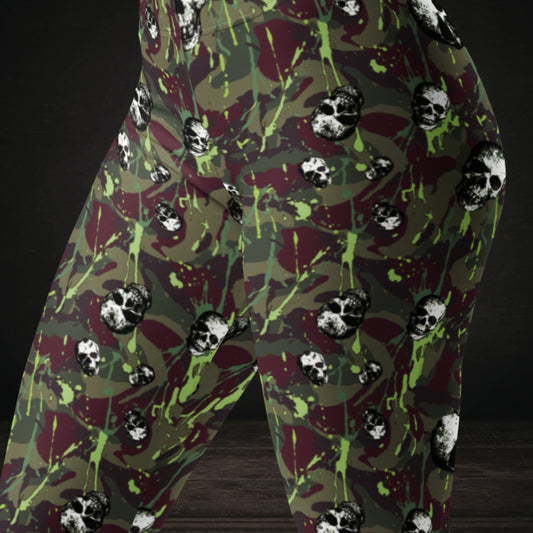 Burgundy- green camo splatter skull pattern leggings