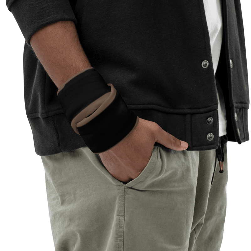 a neck gaiter with wide grunge style stripes and text "here we are noW"