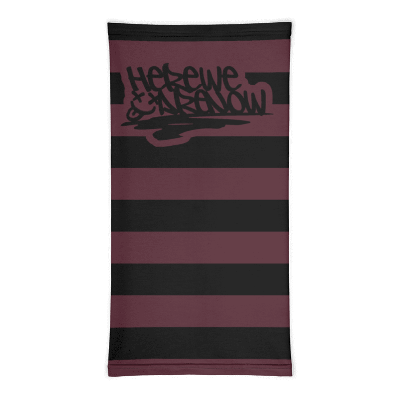 a neck gaiter with wide grunge style stripes and text "here we are noW"