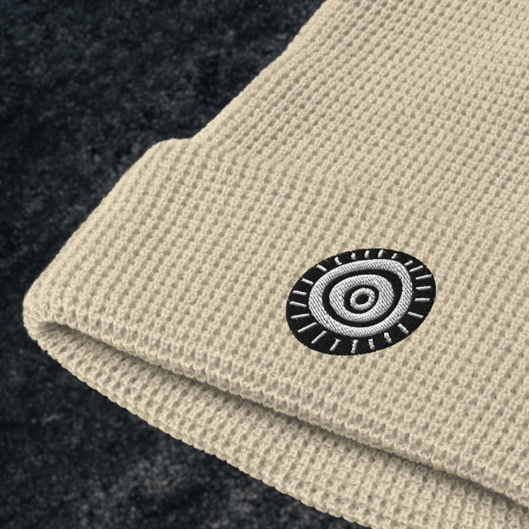 Waffle Knit Embroidered Beanie - Circular Stare Eye Symbol