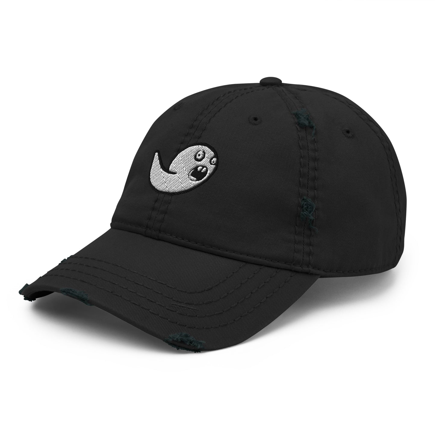 distressed dad hat with embroidered stupefied emo black