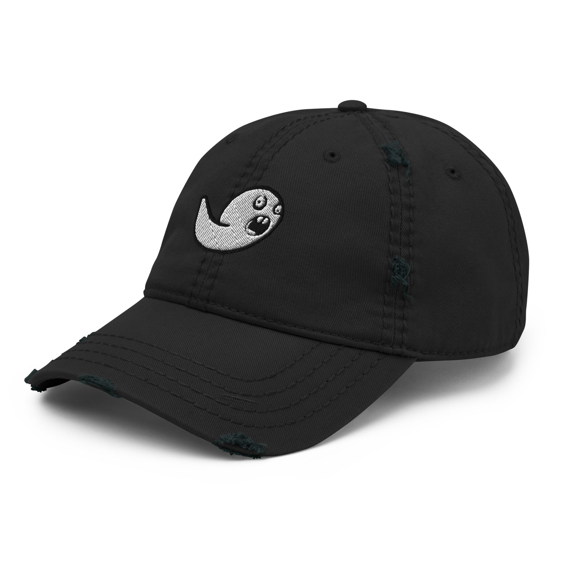 distressed dad hat with embroidered stupefied emo black