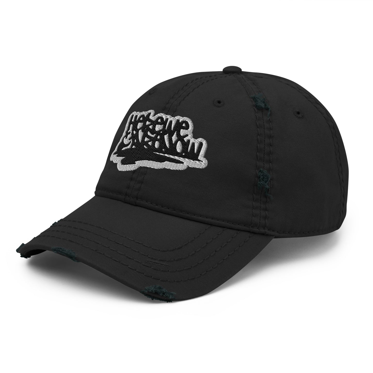 distressed cap with grunge quote embroidery "here we are now"