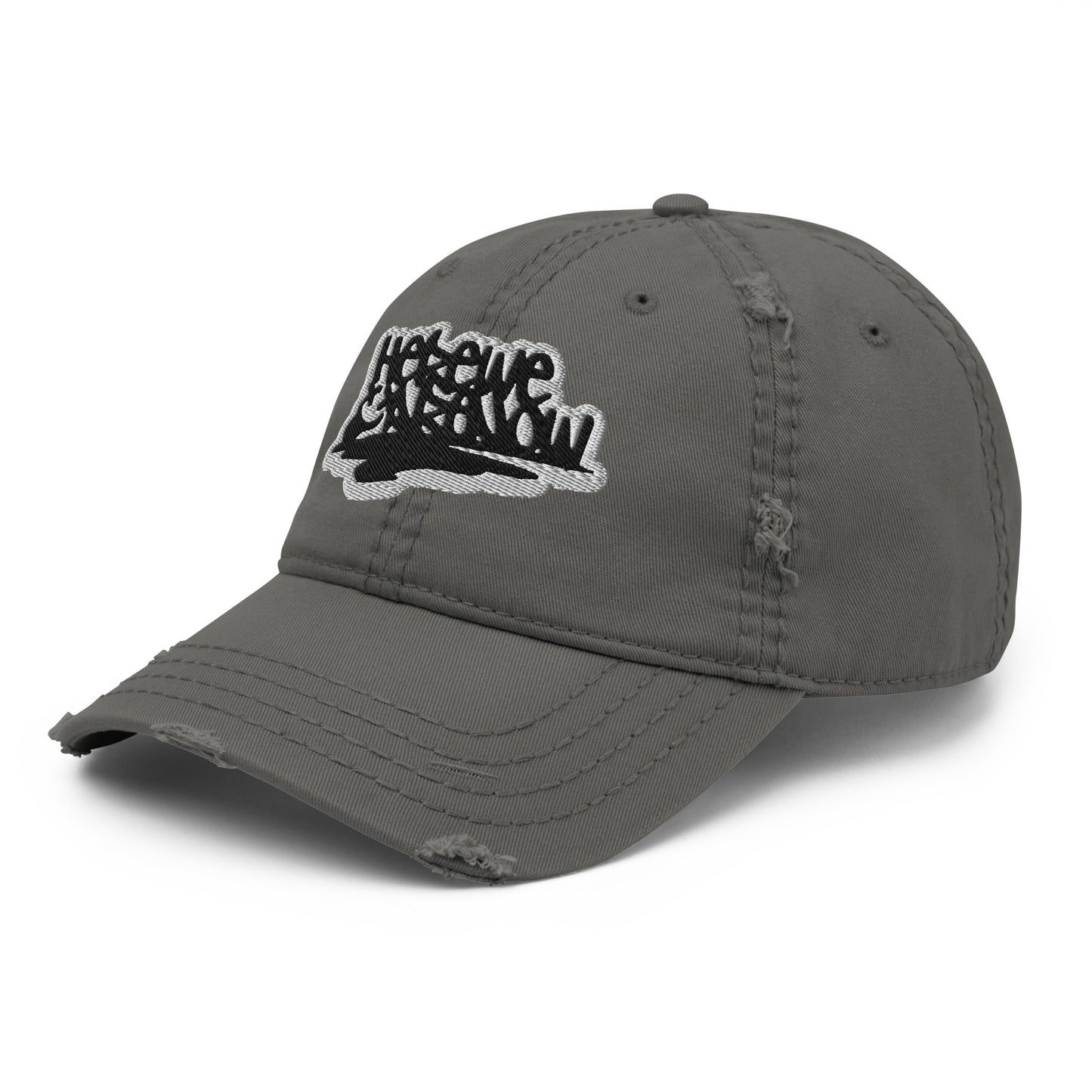 distressed cap with grunge quote embroidery "here we are now"