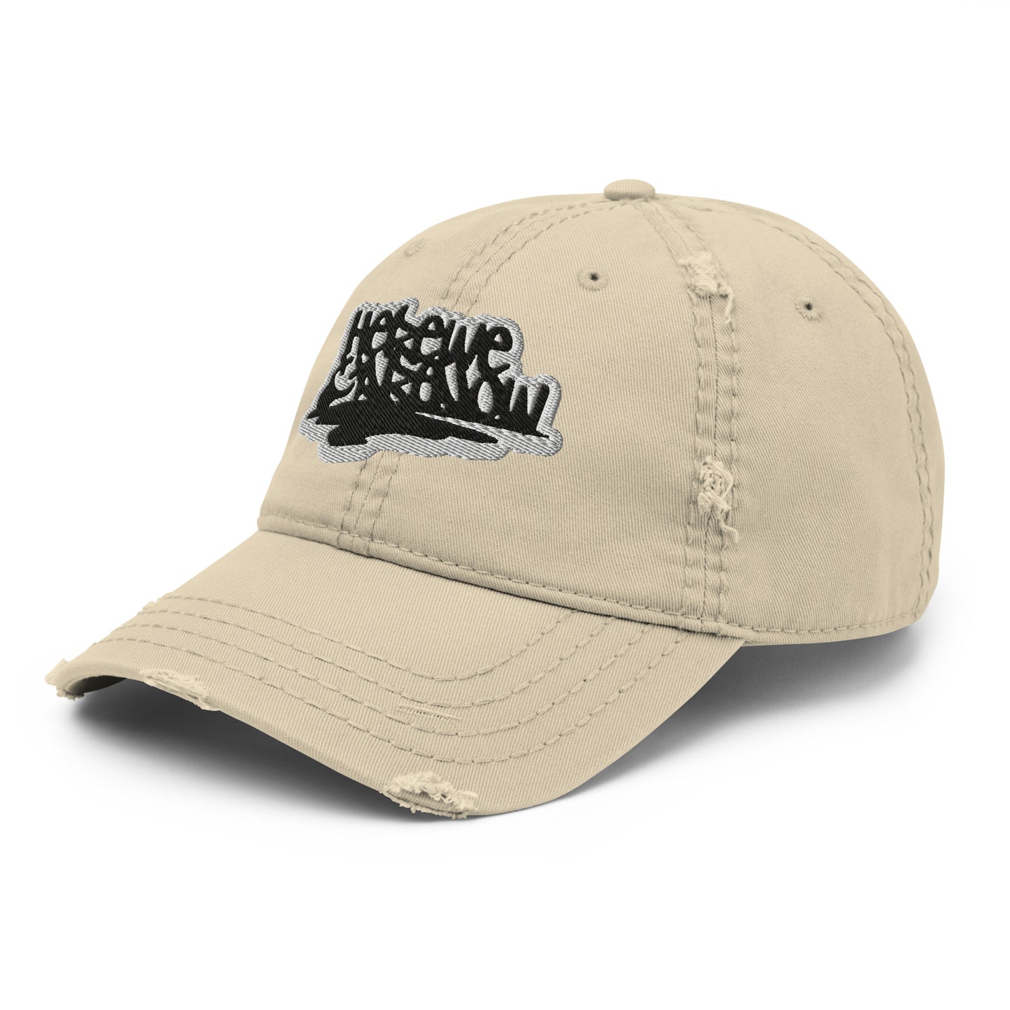 distressed cap with grunge quote embroidery "here we are now"