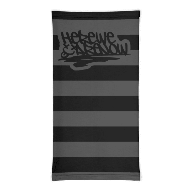 a neck gaiter with wide grunge style stripes and text "here we are noW"