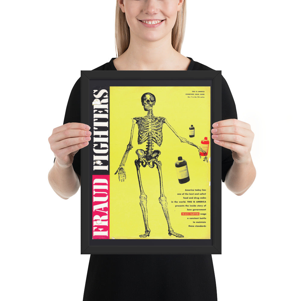 woman holding a vintage framed poster "fraud fighters" with a skeleton