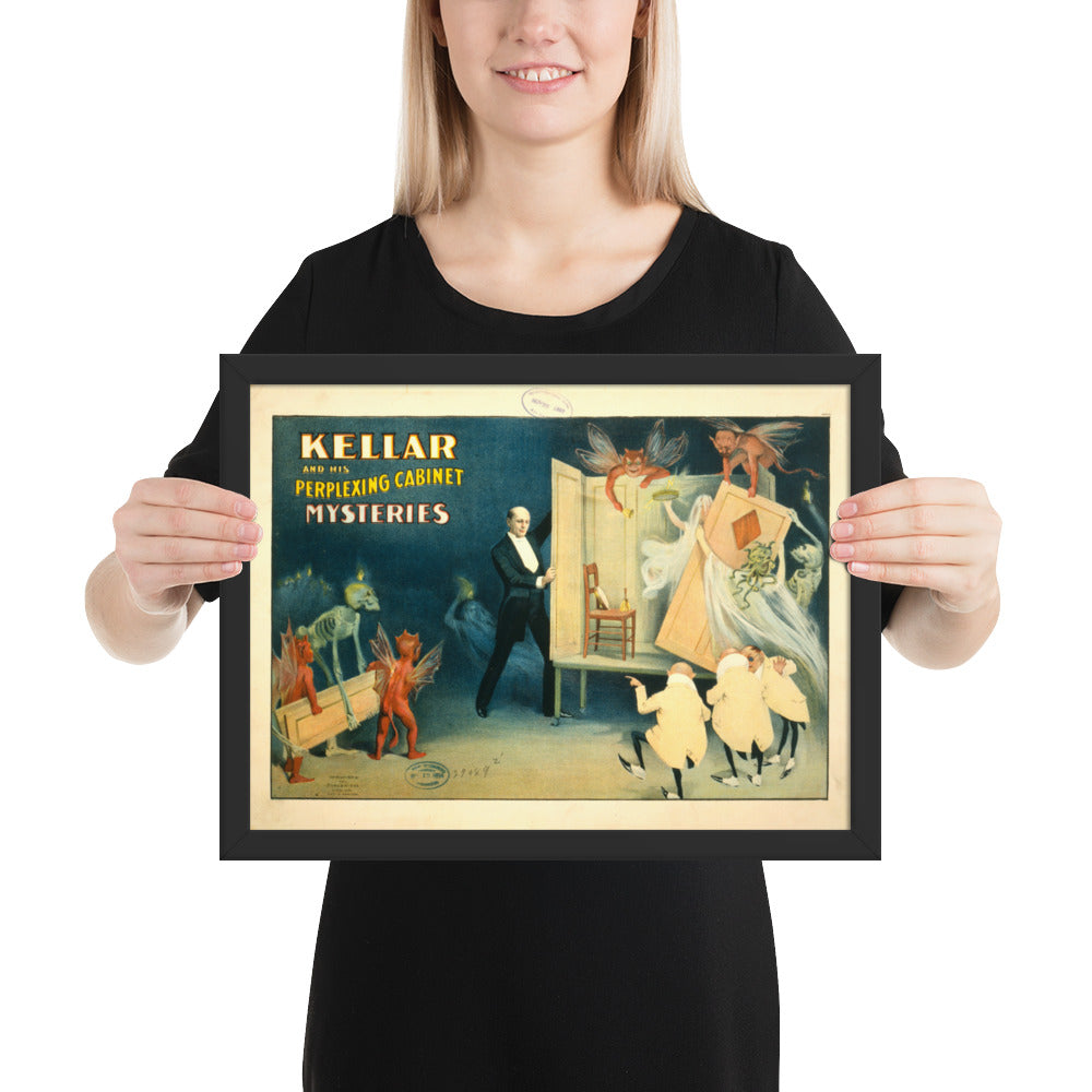 Woman holding a framed poster of a "Kellar and his perplexing cabinet mysteries"