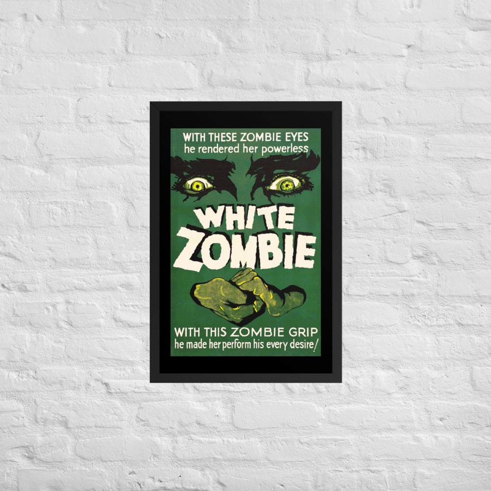 a framed poster with a vintage horror movie design, white zombie