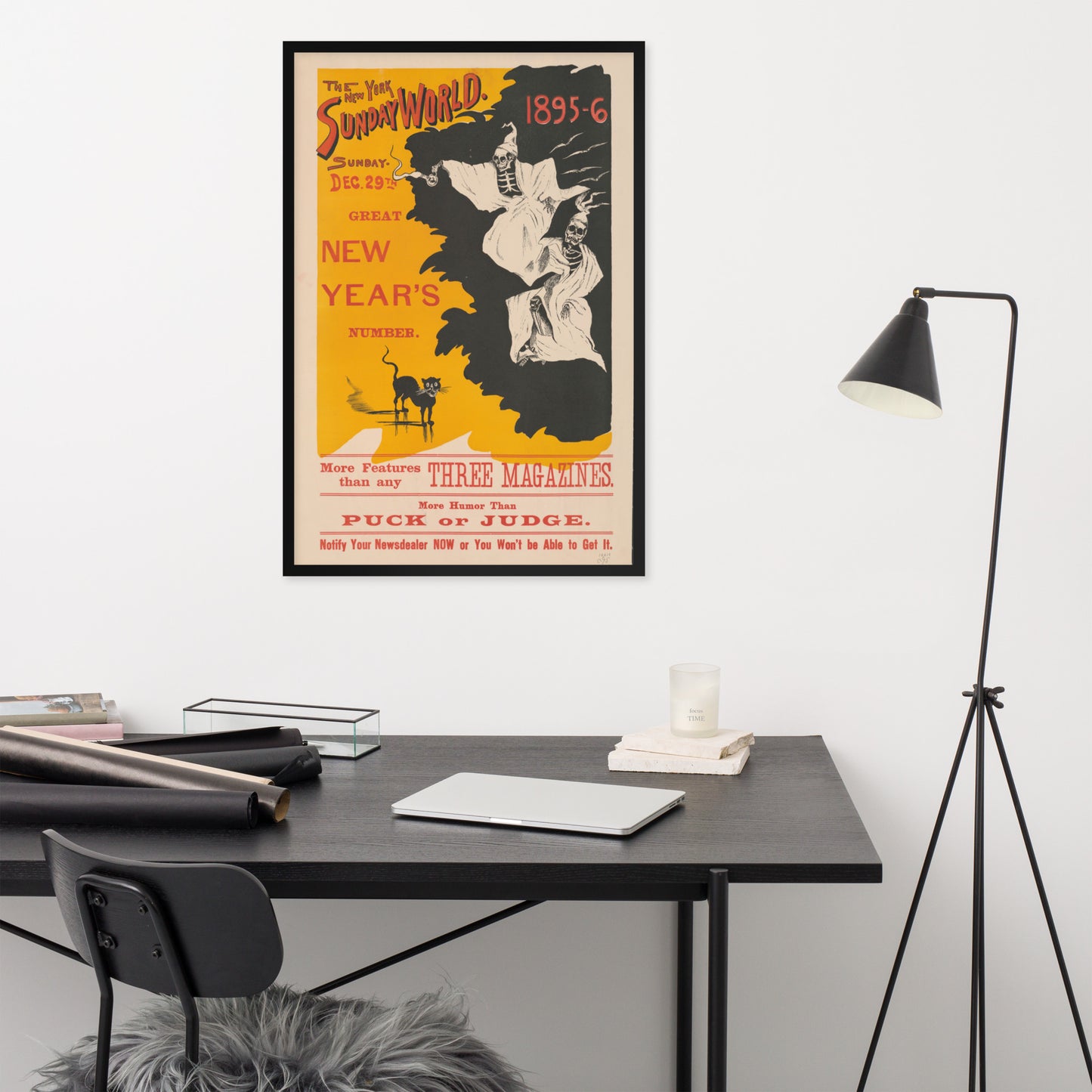 a framed vintage-style poster "the new york world new years" with text and graphics, on a wall