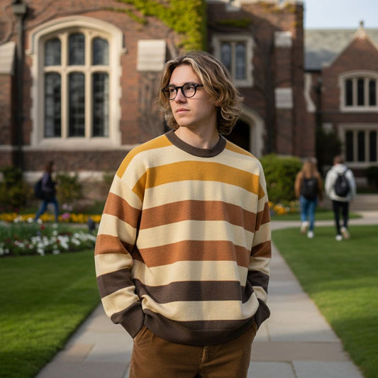Person wearing a grungy wide striped sweater on a college campus