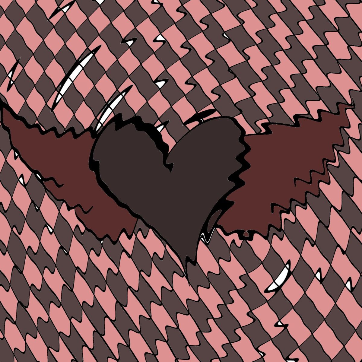 a colored page detail with a heart with wings from the "distorted but still here" distorted checkers emo coloring book