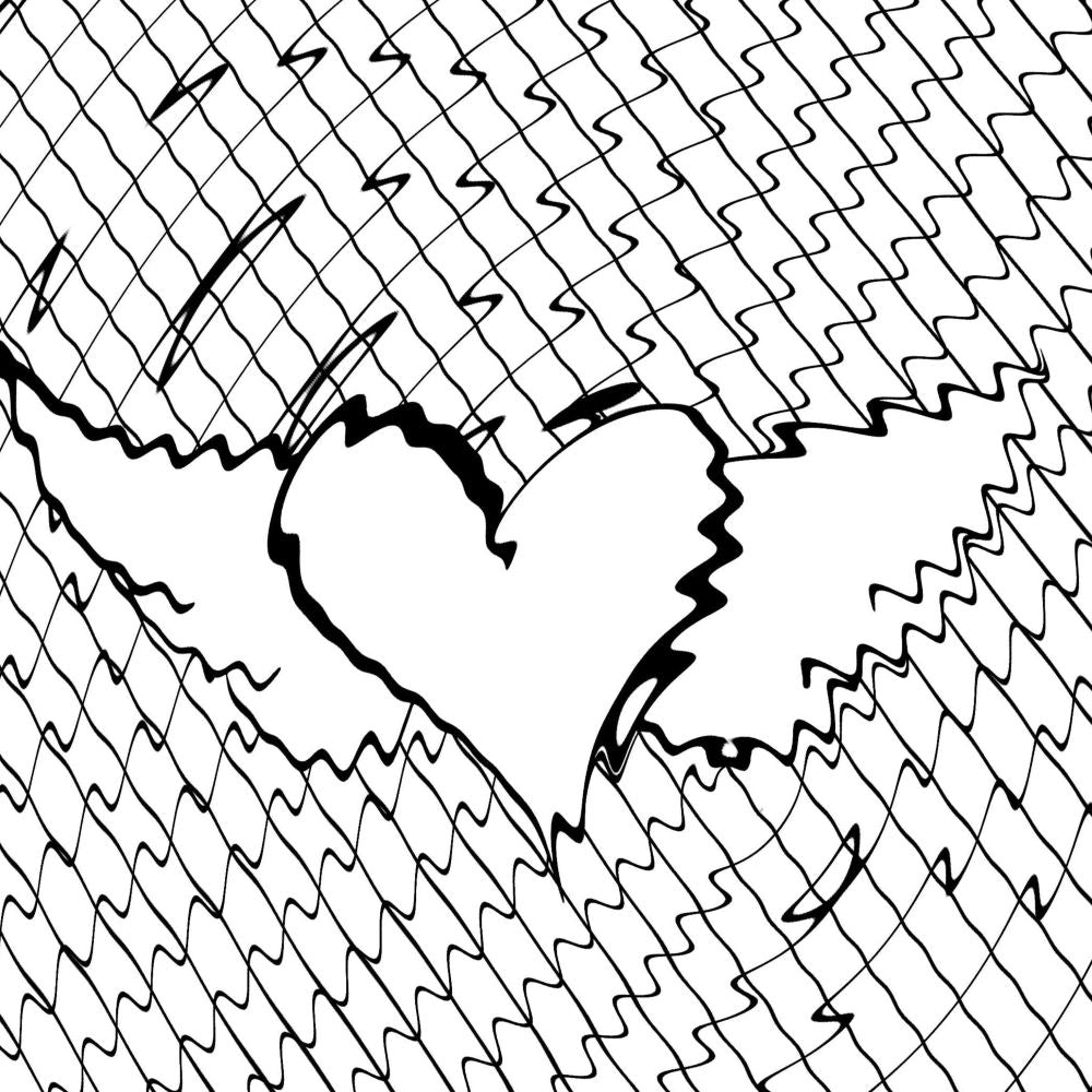 an uncolored page detail with a heart with wings from the "distorted but still here" distorted checkers emo coloring book