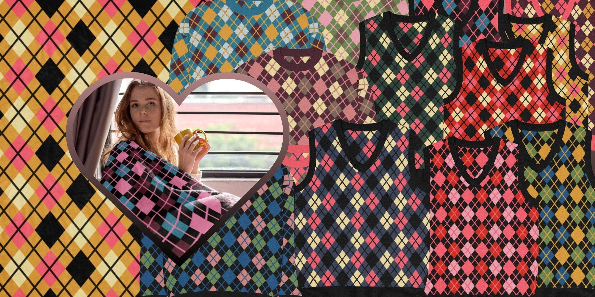a collage of colorful argyle patterned vests and sweaters and blankets