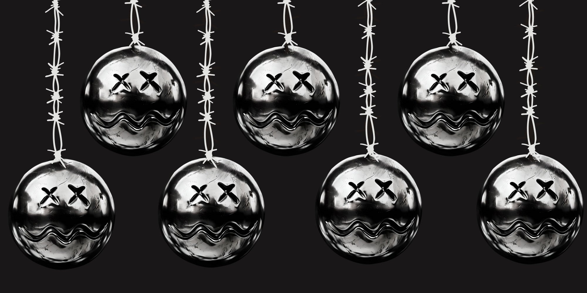 dead emoji ornament balls hanging from barbed wire