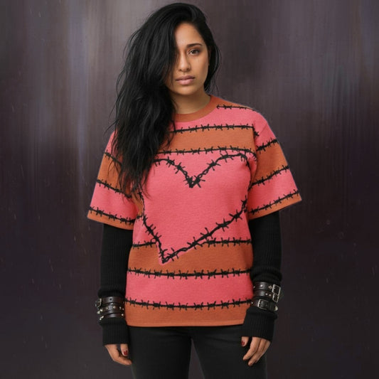 Alt style person wearing a knitted pink-orange tee with barbed stripes and a barbed heart over a long sleeve