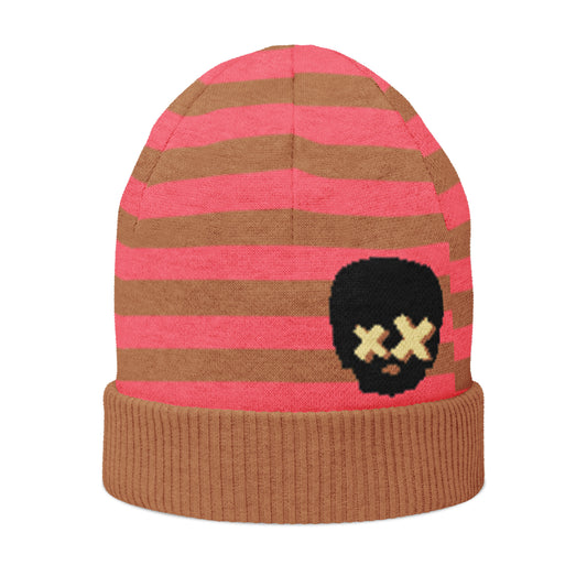 knitted beanie with a black grunge skull with x-eyes on a striped background