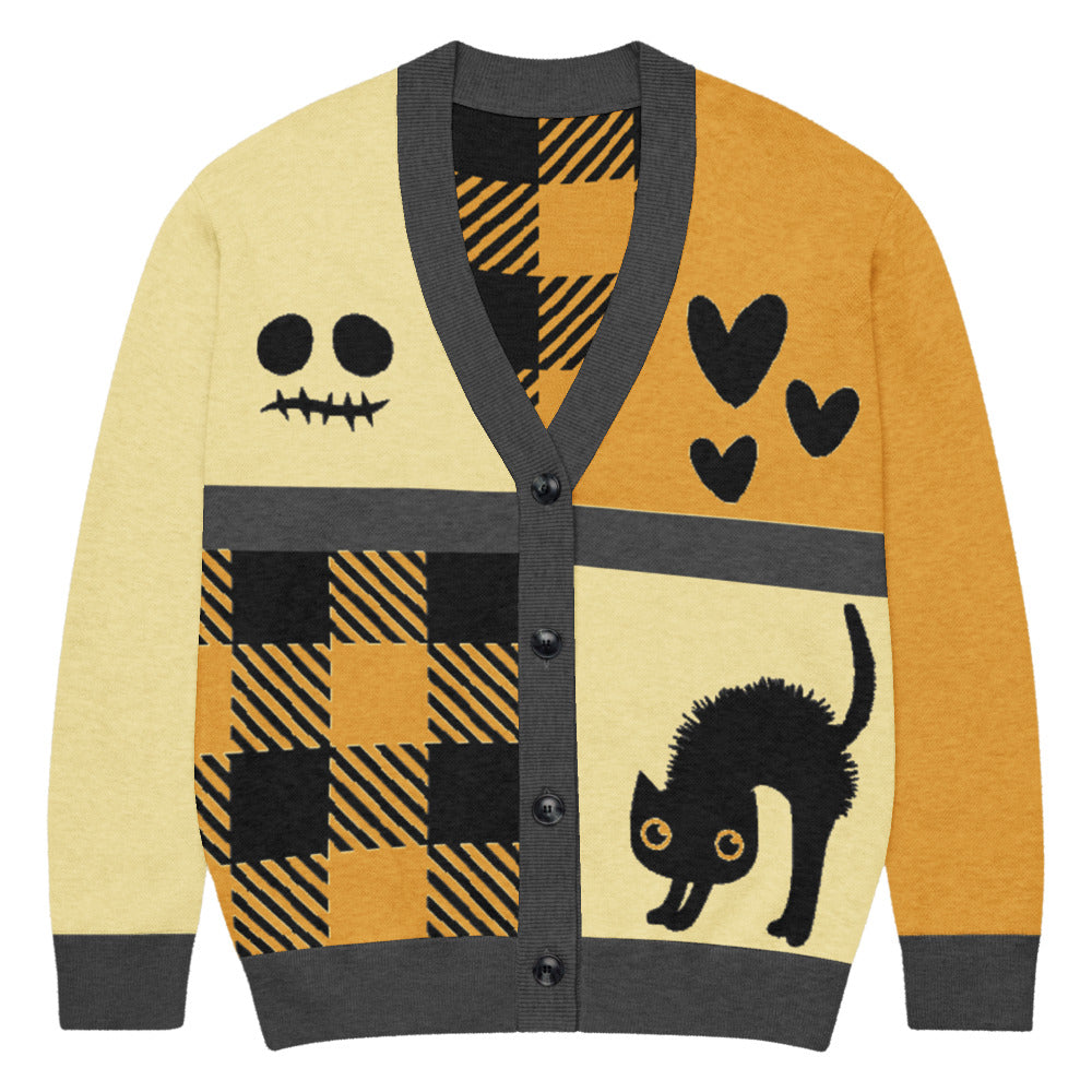 a knitted cardigan with patchwork like design, plaid, hearts, spooky eyes and a cat