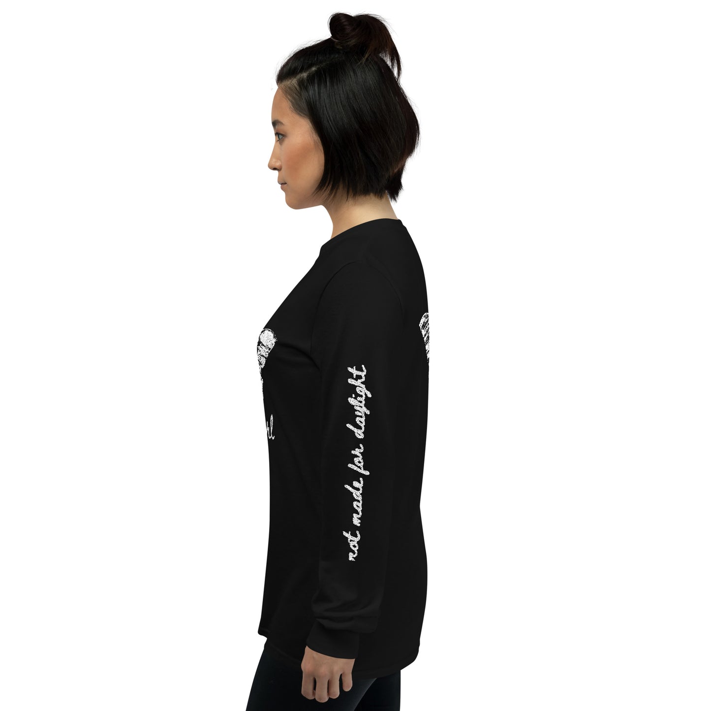 a woman wearing a black long sleeve tee with moth girl print in front and back and text on sleeves