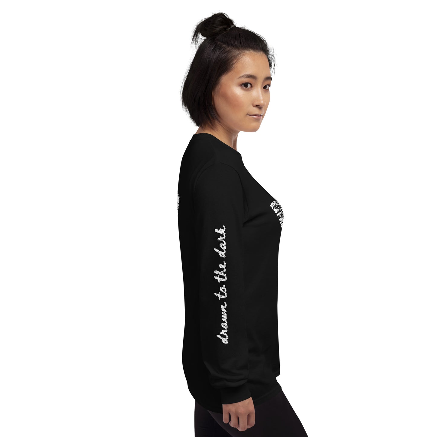 a woman wearing a black long sleeve tee with moth girl print in front and back and text on sleeves
