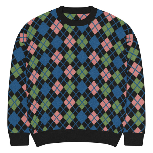 An argyle pattern knitted sweater with emo-scene colors