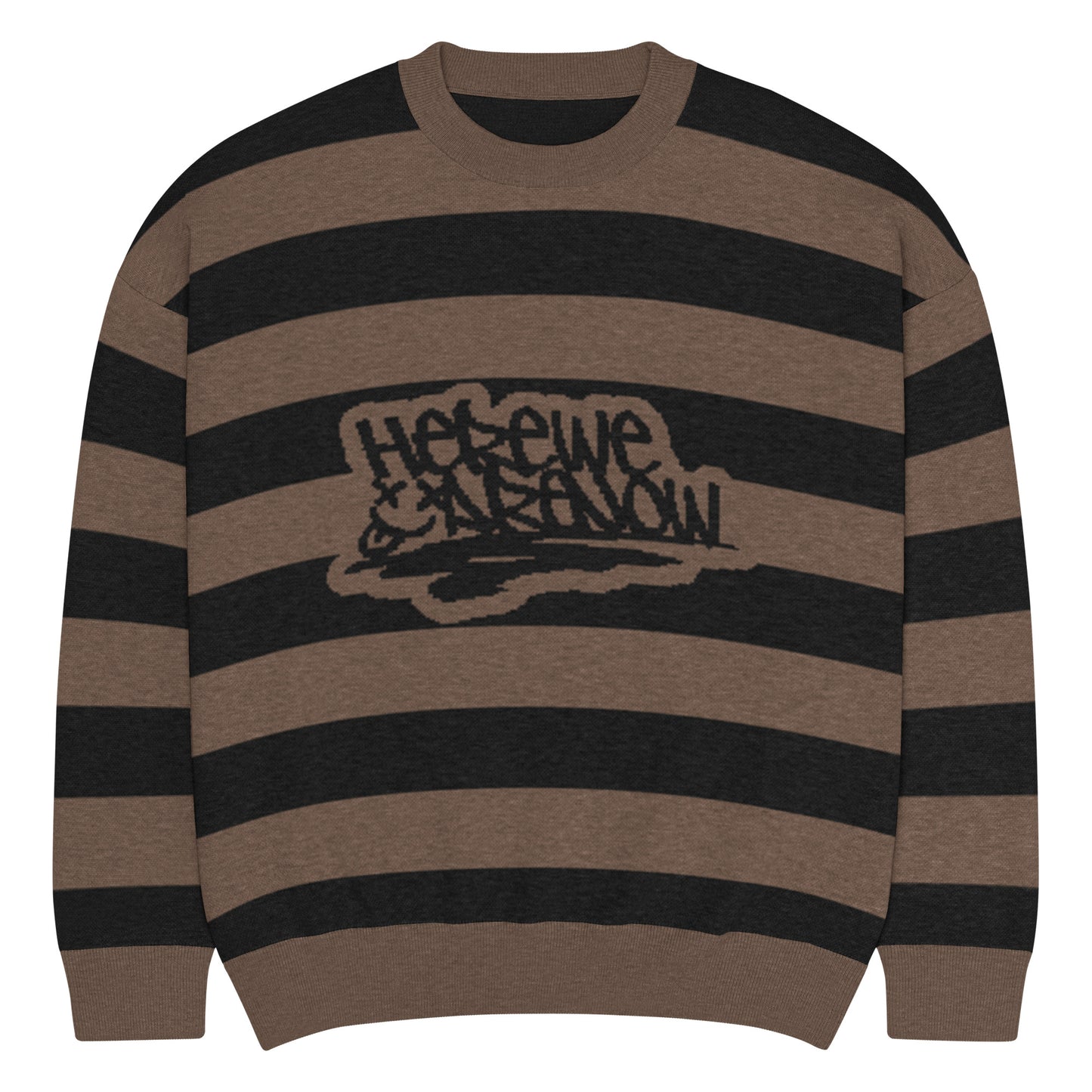 a grunge style dark striped sweater with the text "here we are now"