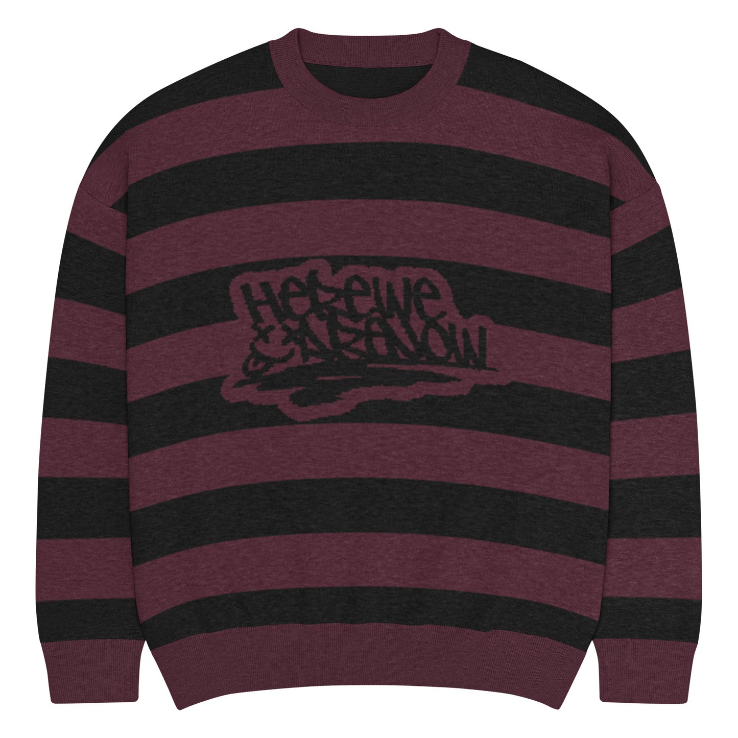 a grunge style dark striped sweater with the text "here we are now"