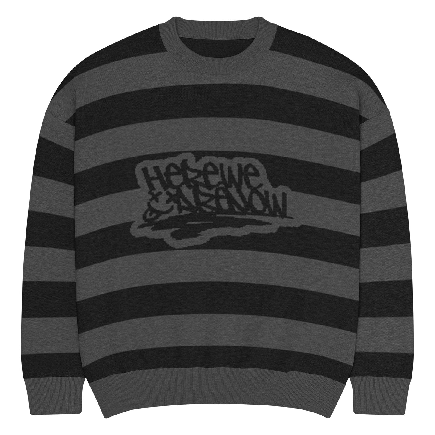 a grunge style dark striped sweater with the text "here we are now"