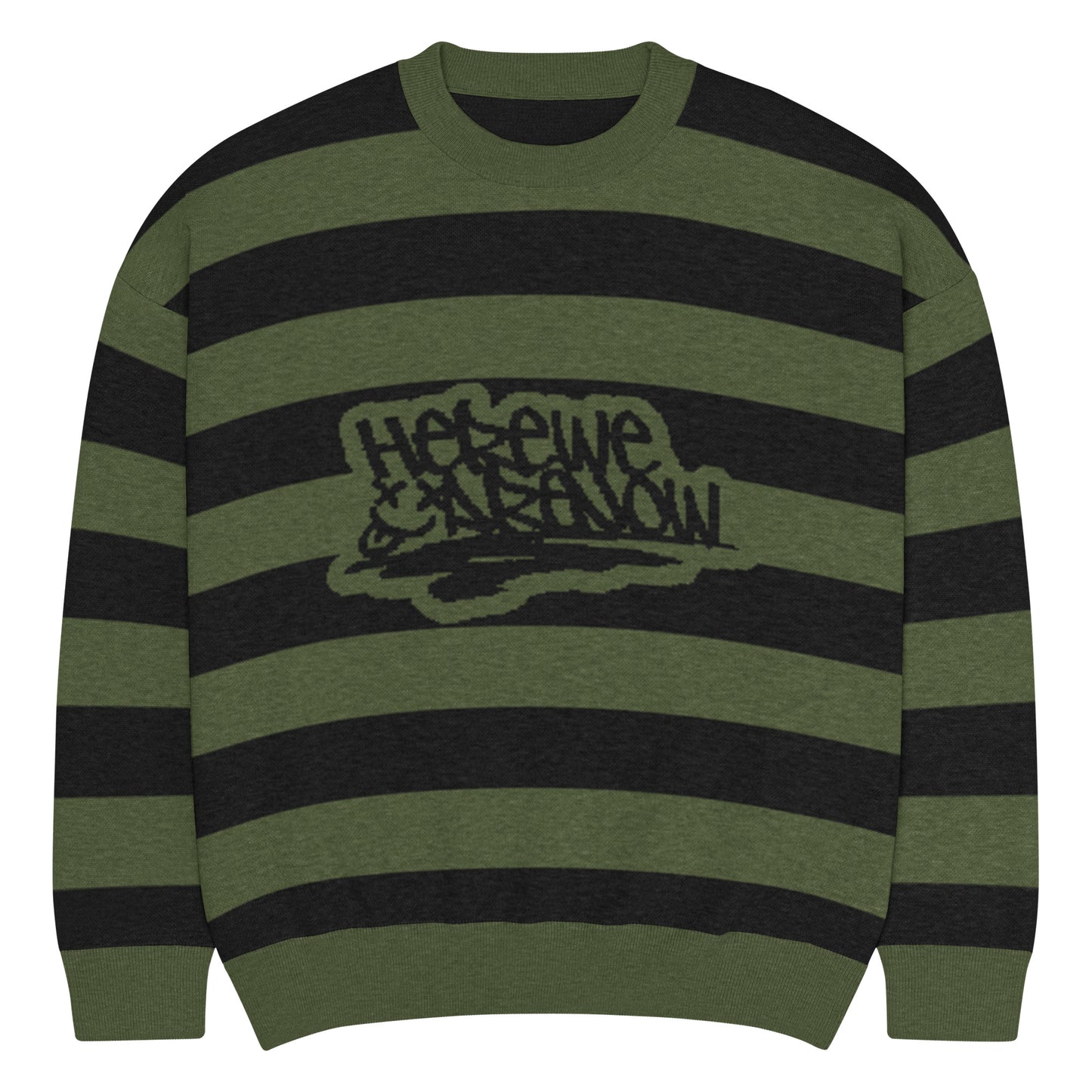 a grunge style dark striped sweater with the text "here we are now"