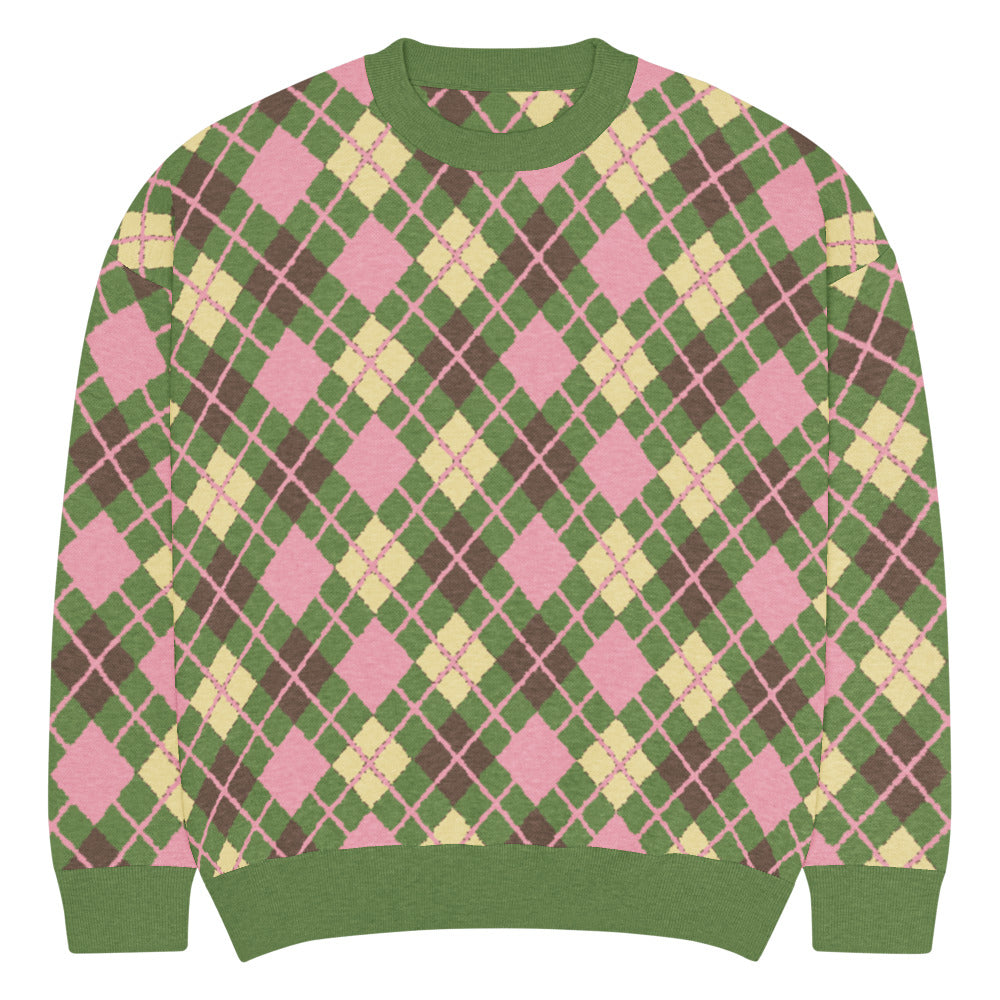 An argyle pattern knitted sweater with emo-scene colors