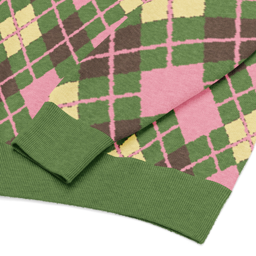 detail of an argyle pattern knitted sweater with emo-scene colors