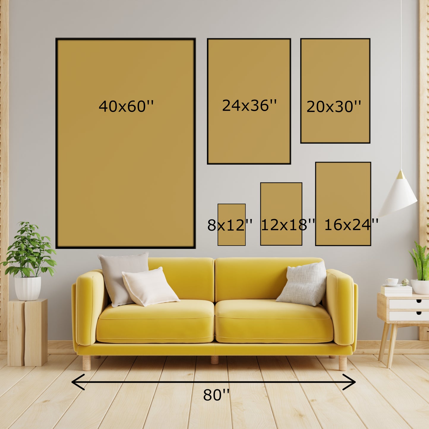 Different canvas wall art sizes compared to sofa in a living room for understanding the size of the canvas