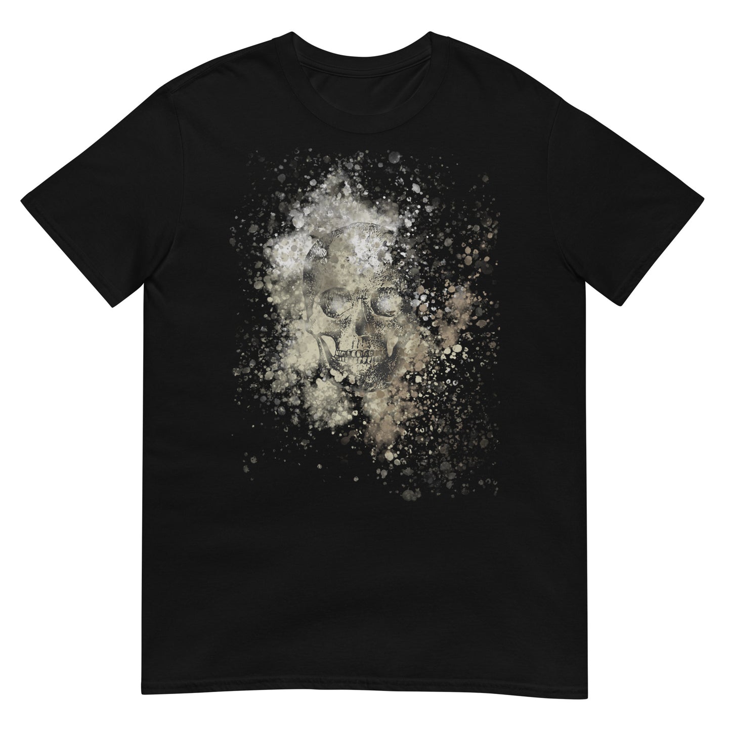 front of a black tee with subtle skull graphic surrounded and overlaid with paint splatter in camouflage colors