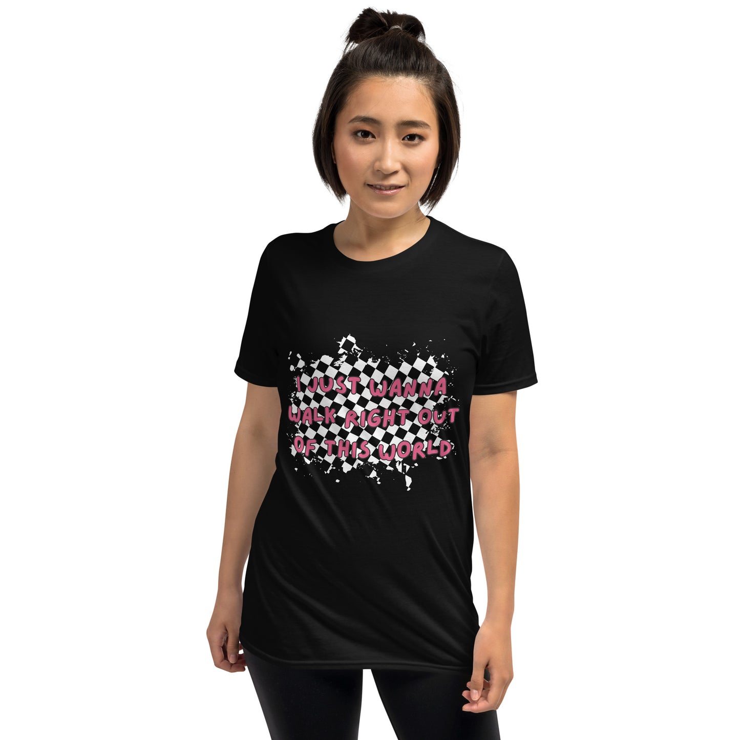 woman wearing black alt t-shirt with rugged checkers pattern and text overlay "i just wanna walk right out of this world"
