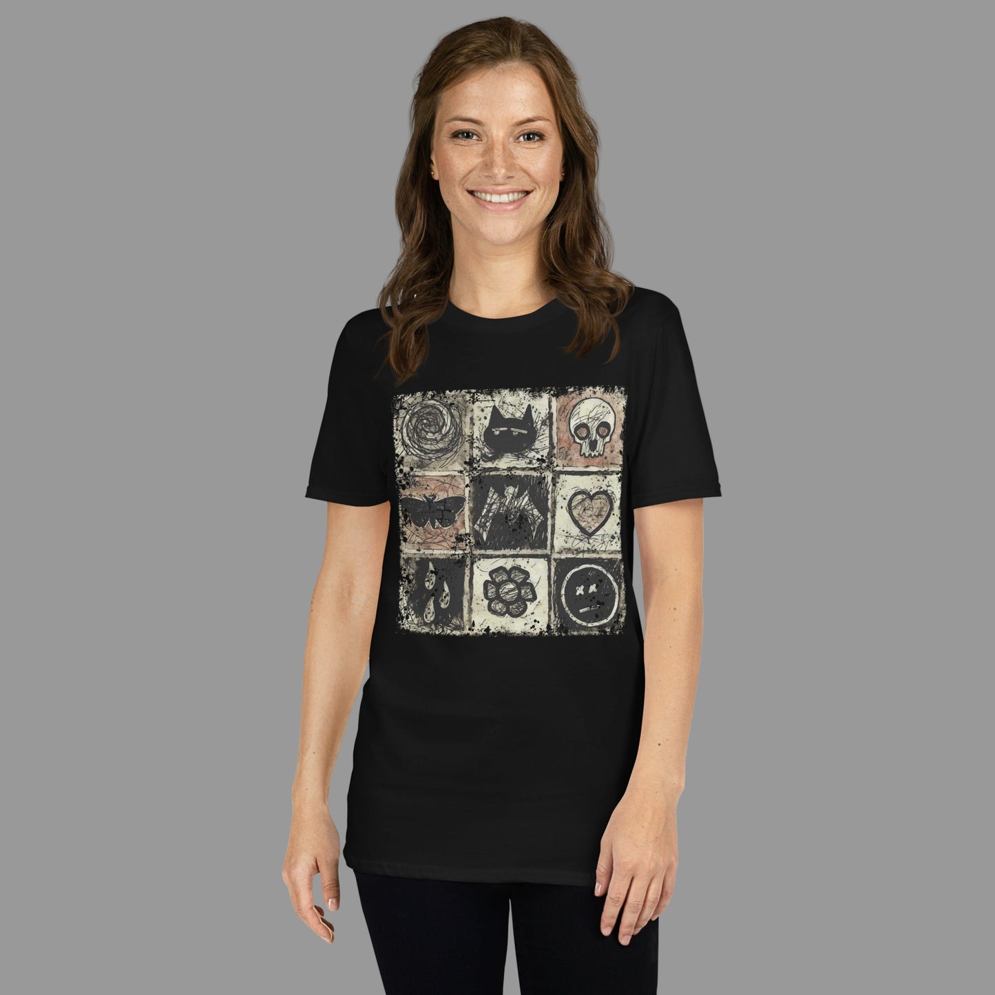 a t-shirt with a dark scribble of emo symbols